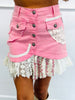 POL Bubblegum Pink Patchwork Lace Flare Mini Skirt (Reg)