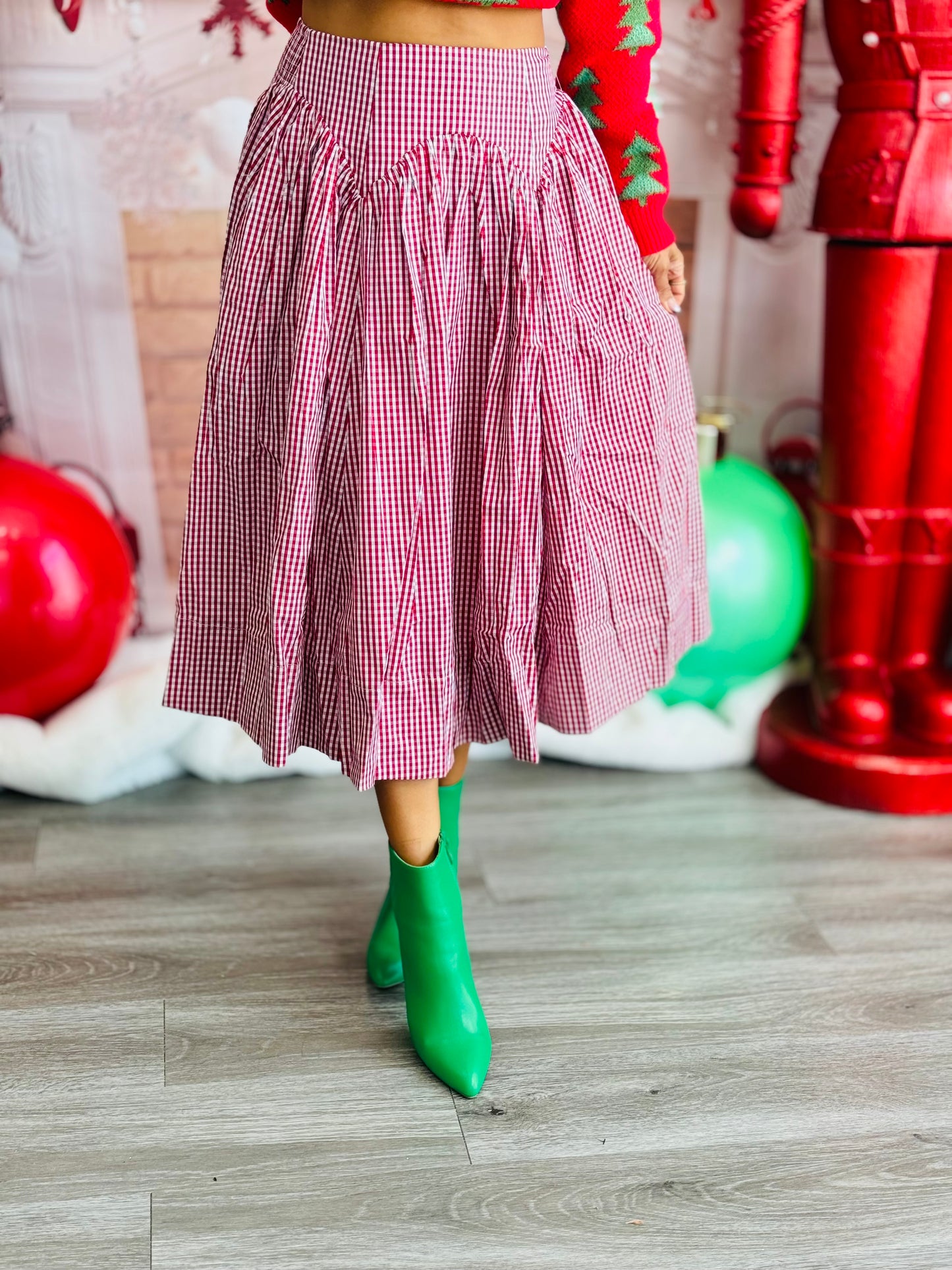 Red Poplin Gingham Cotton Flare Midi Skirt (Reg)