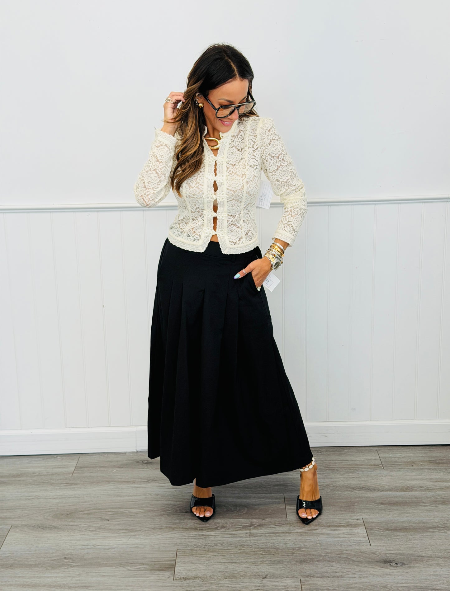 Beige Lace LS Button Up Blouse (Reg.)