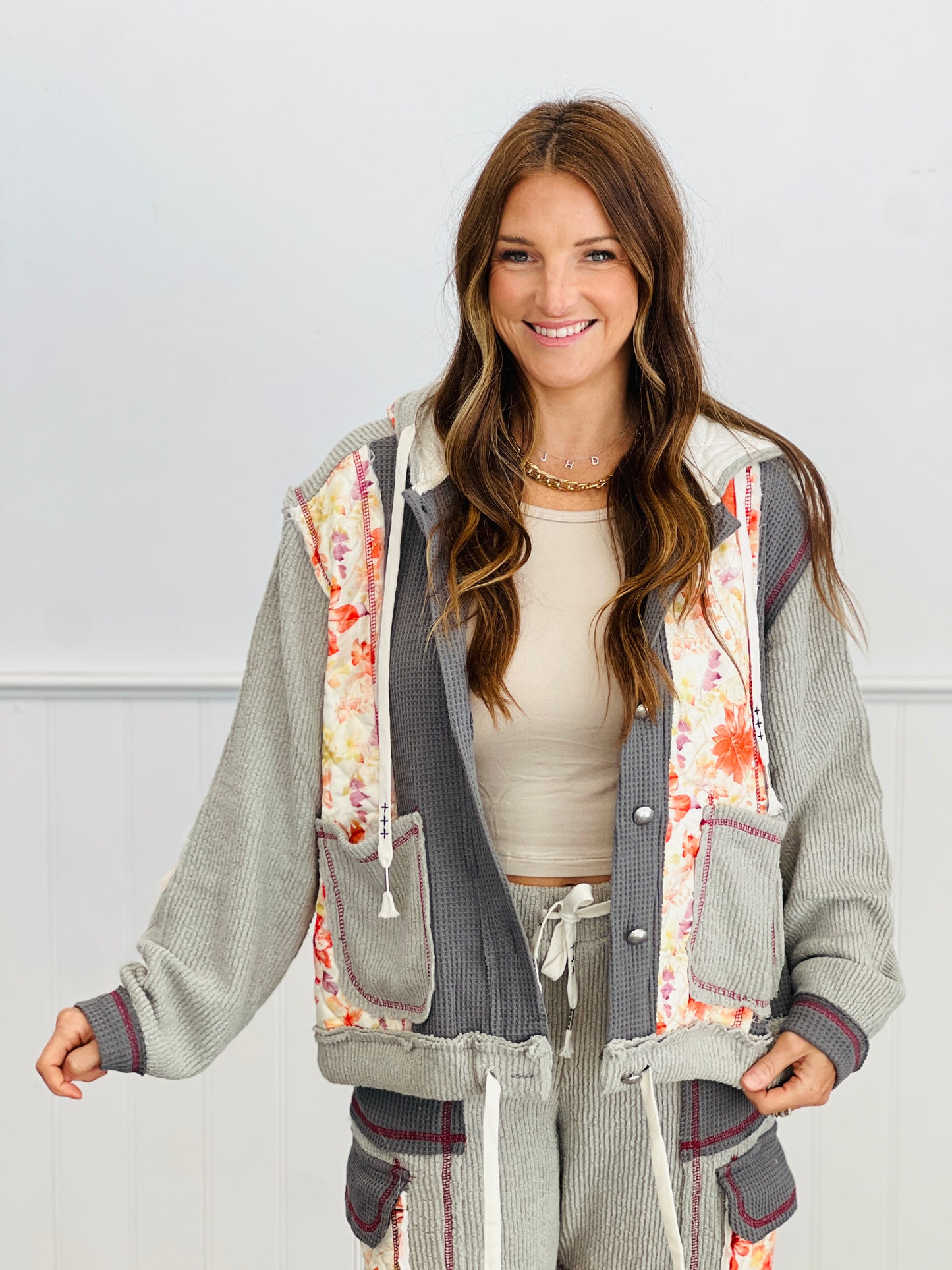 POL Grey Thermal Floral Quilted Hoodie Jacket (Reg.)