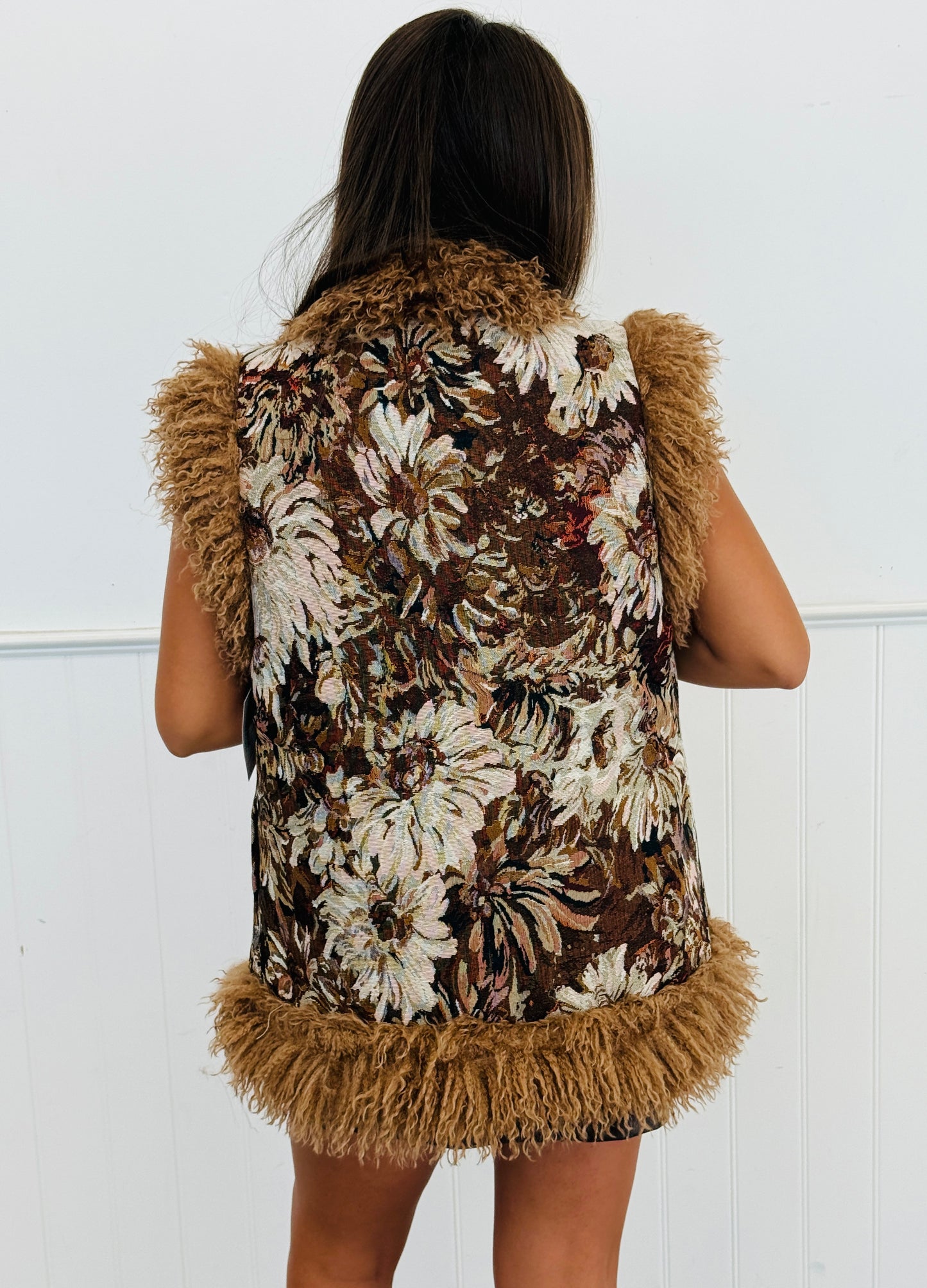 Brown Tapestry Fur Trim Vest Top (Reg & Plus)