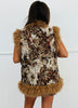 Brown Tapestry Fur Trim Vest Top (Reg & Plus)