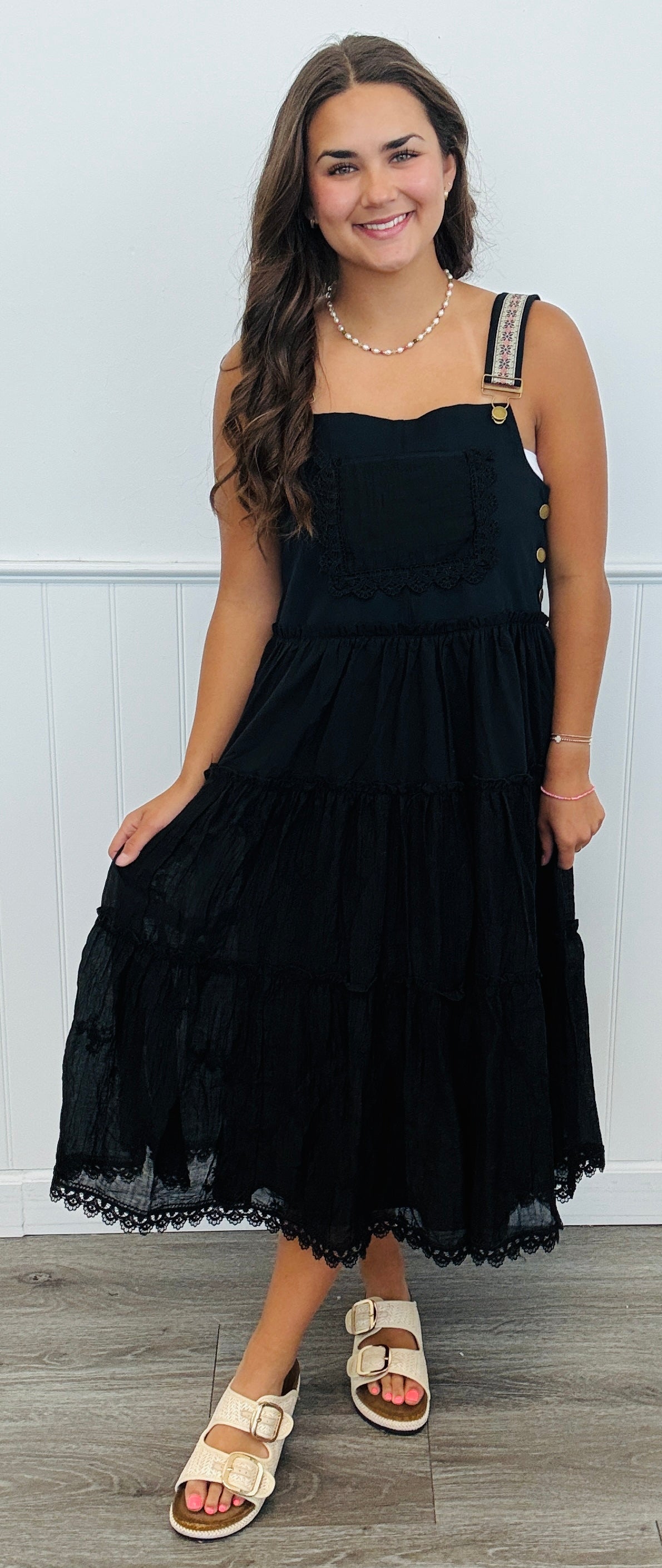 Black Embroidered Lace Pinafore Midi Dress (Reg & Plus)