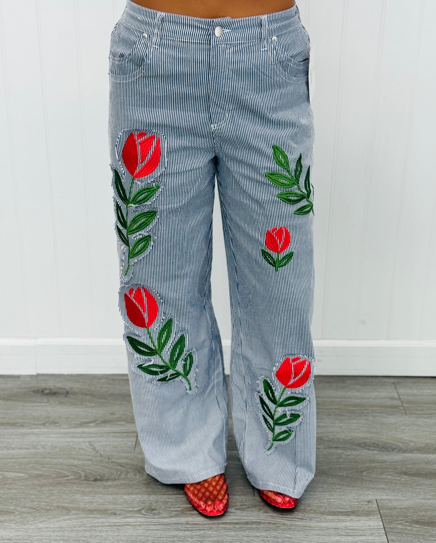 Striped Floral Embroidered Pants (Reg. and Plus) - 2 Colors