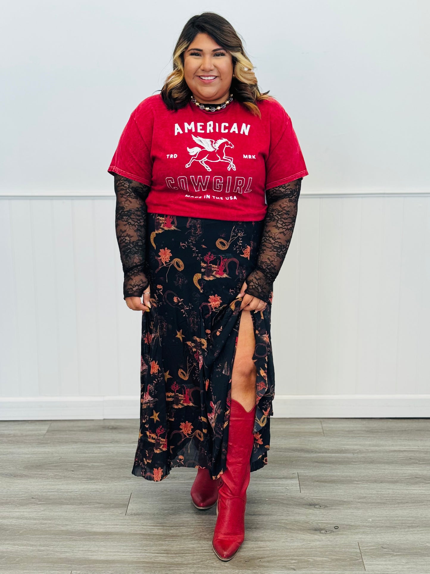 Red American Cowgirl Mineral Washed Tee (Reg. and Plus)