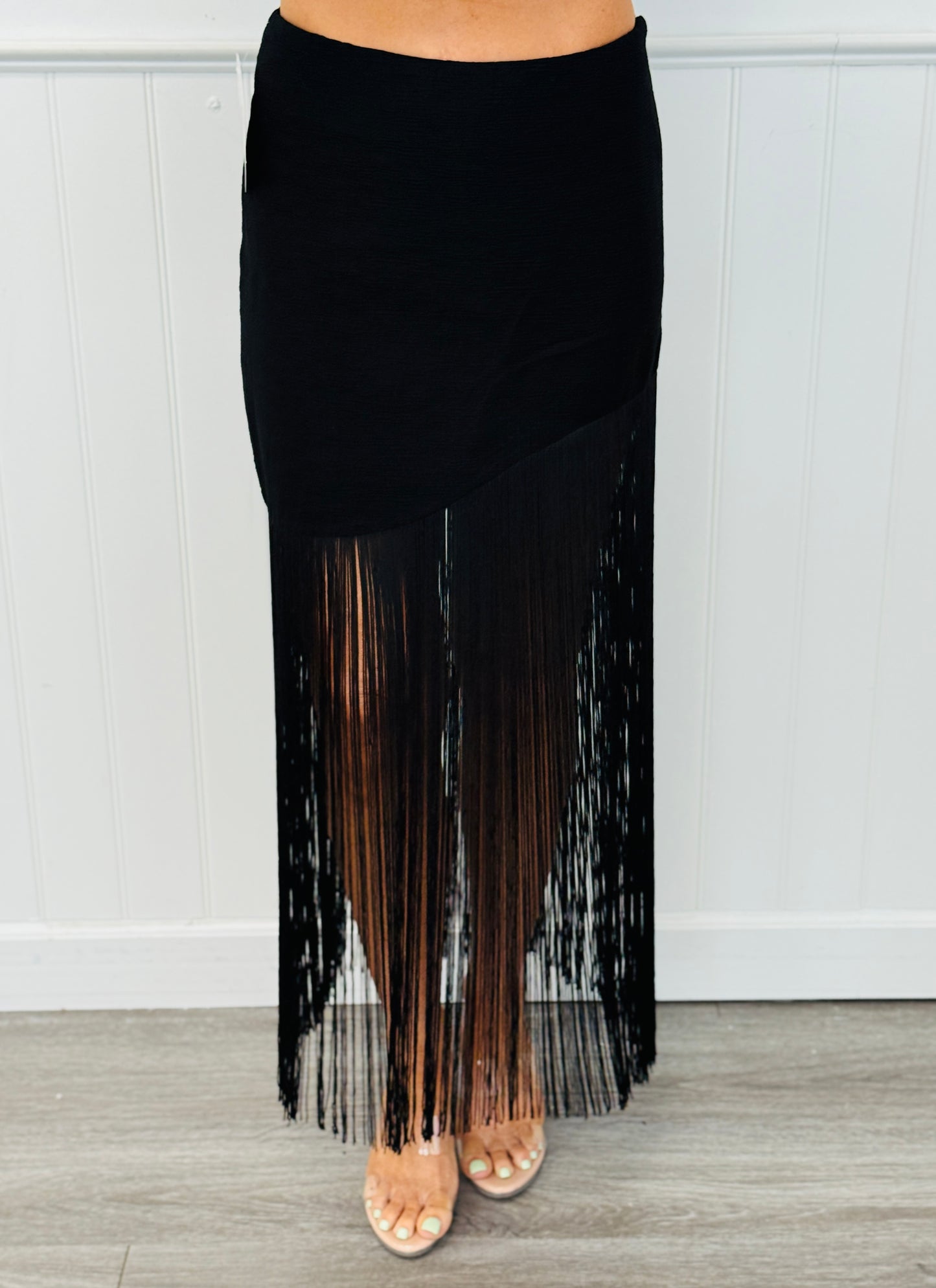 Black Asymmetric Textured Fringe Midi Skirt (Reg.)