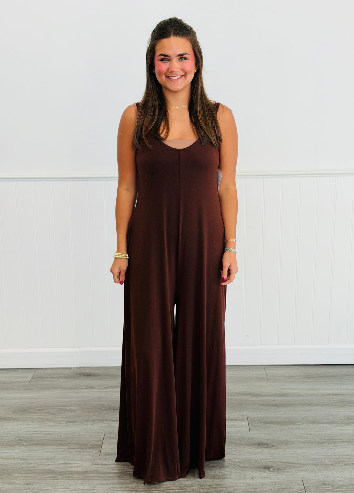 Brown Solid Strappy Jumpsuit (Reg & Plus)