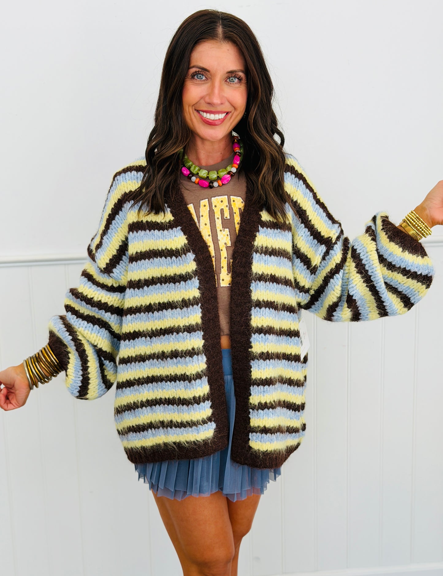 Brown Chunky Striped Open Front Sweater Cardigan (Reg.)