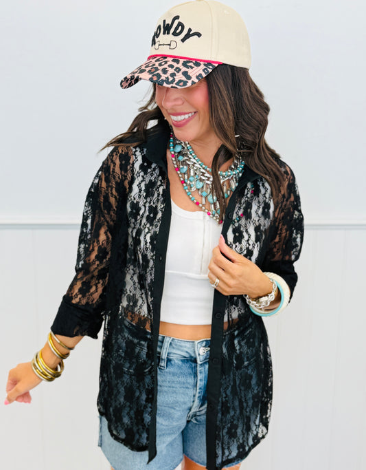 Black Lace Kathryn Button-Up Blouse (Reg. and Plus)