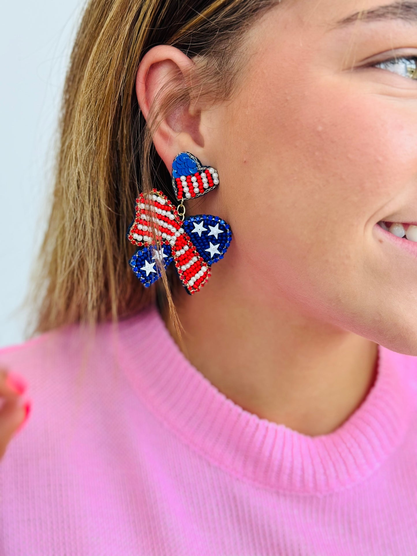 Patriotic Beaded Bow/Heart Earrings