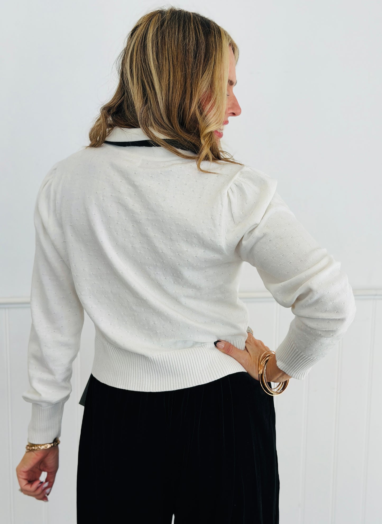 Cream Contrast Collar Button Cardigan (Reg. and Plus)