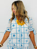 Ivory/Blue Floral Sleeve Tie Blouse (Reg & Plus)