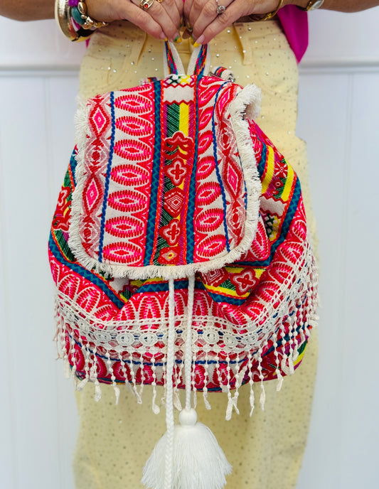 Halo Patterned Cotton Backpack w/ Tassels