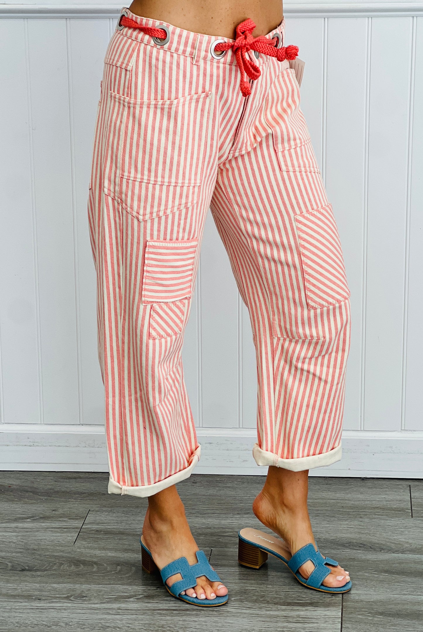 Coral Peach Striped Twill Barrel Pants (Reg & Plus)