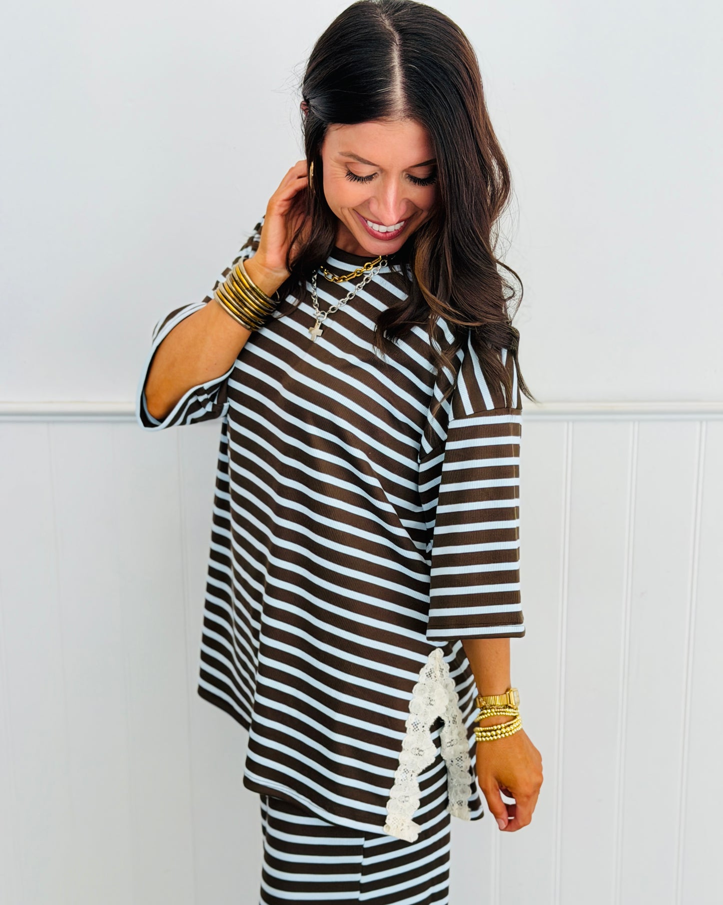 Striped Lace Side Slit Top (Reg. and Plus) - 6 Colors