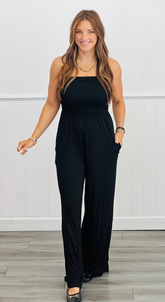 Black Ruched Tube Jumpsuit (Reg. and Plus)