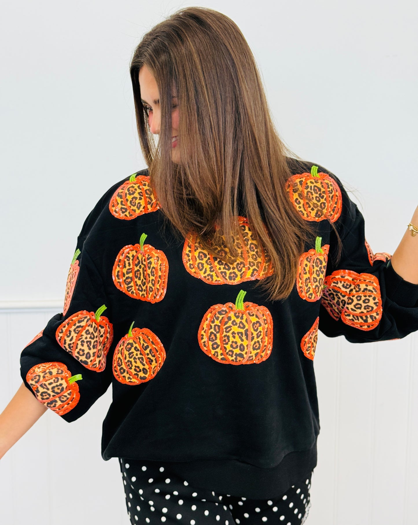 Queen Of Sparkles Black Leopard Pumpkin Sweatshirt (Reg. and Plus)