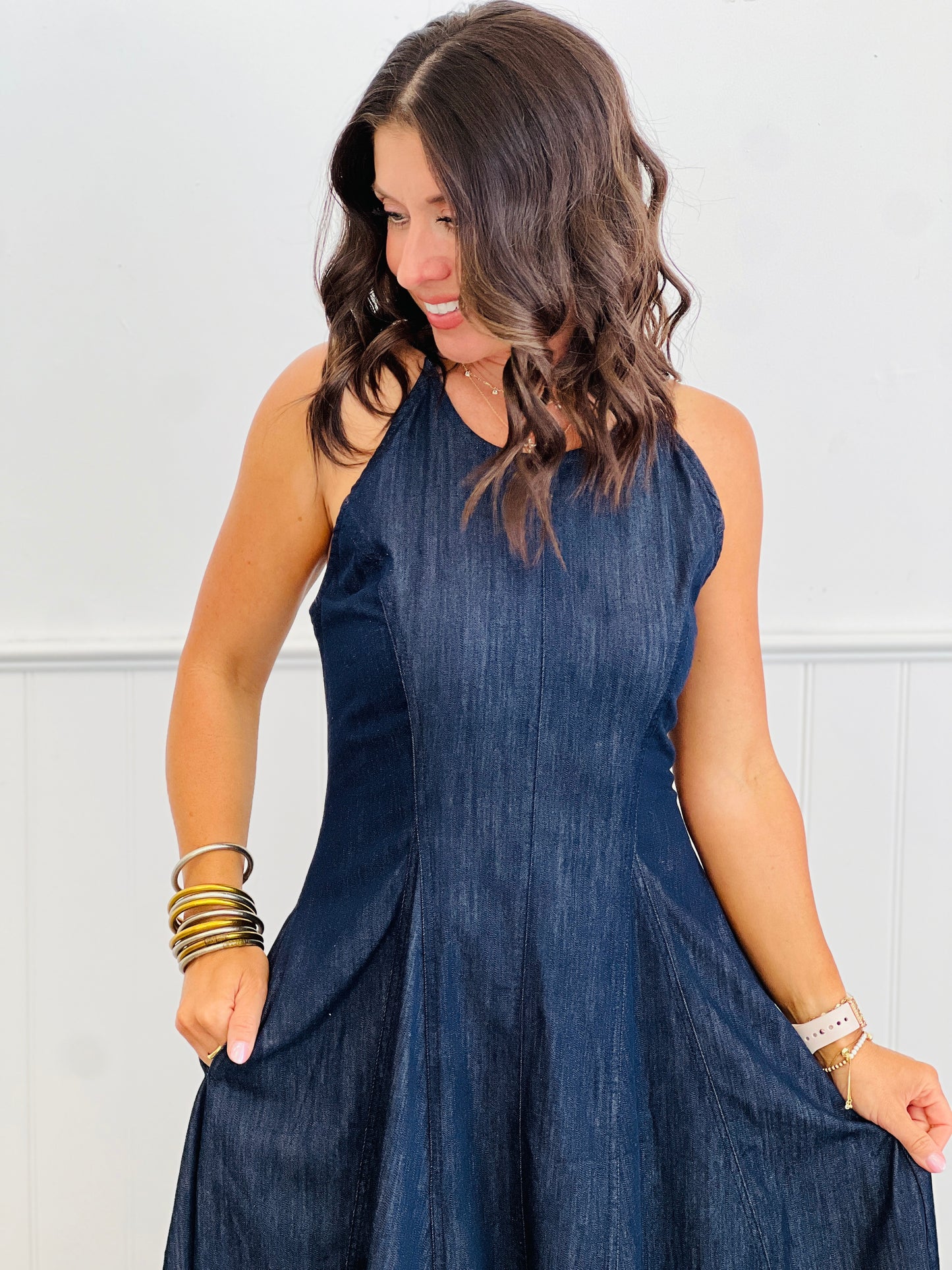 Denim Panel Flare Midi Dress (Reg & Plus)
