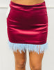Burgundy Satin Feather Trim Mini Skirt (Reg.)