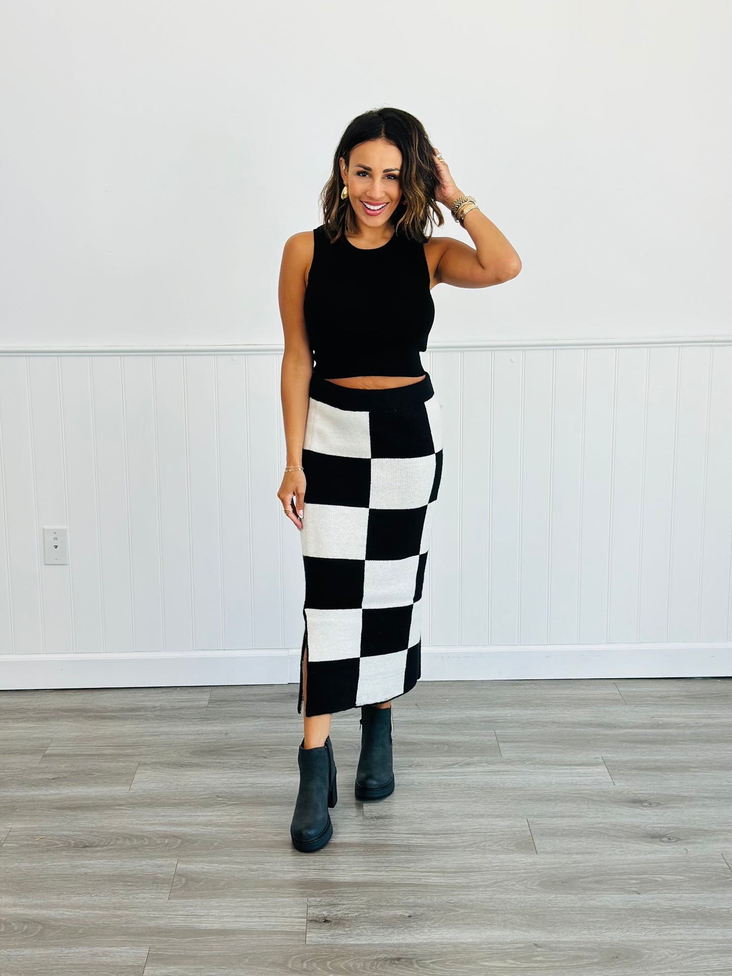 Black/White Checkered Knit Pencil Midi Skirt (Reg. and Plus)