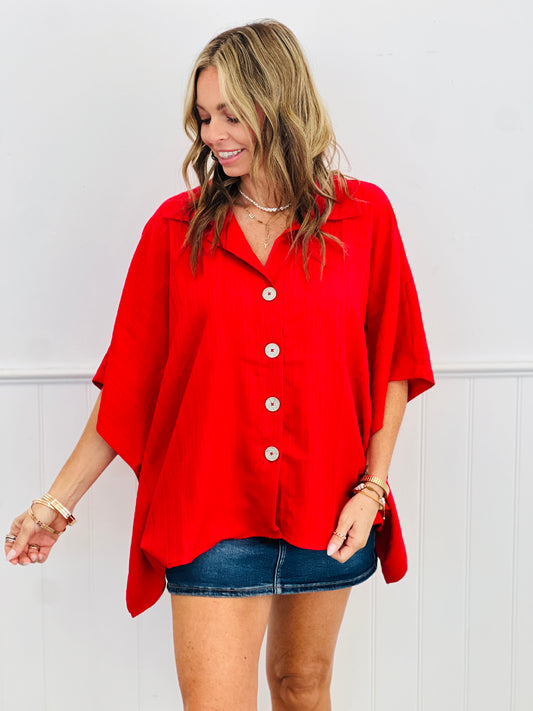 Red Ruched Drawstring Back Blouse (Reg & Plus)
