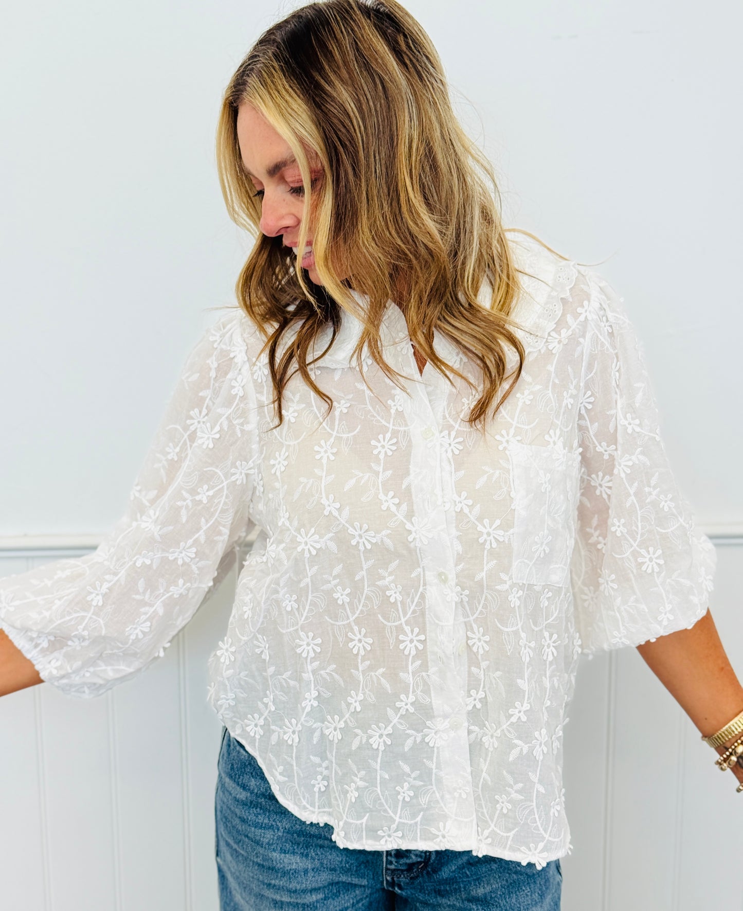Off White Floral Embroidered Peter Pan Collar Blouse (Reg. & Plus)
