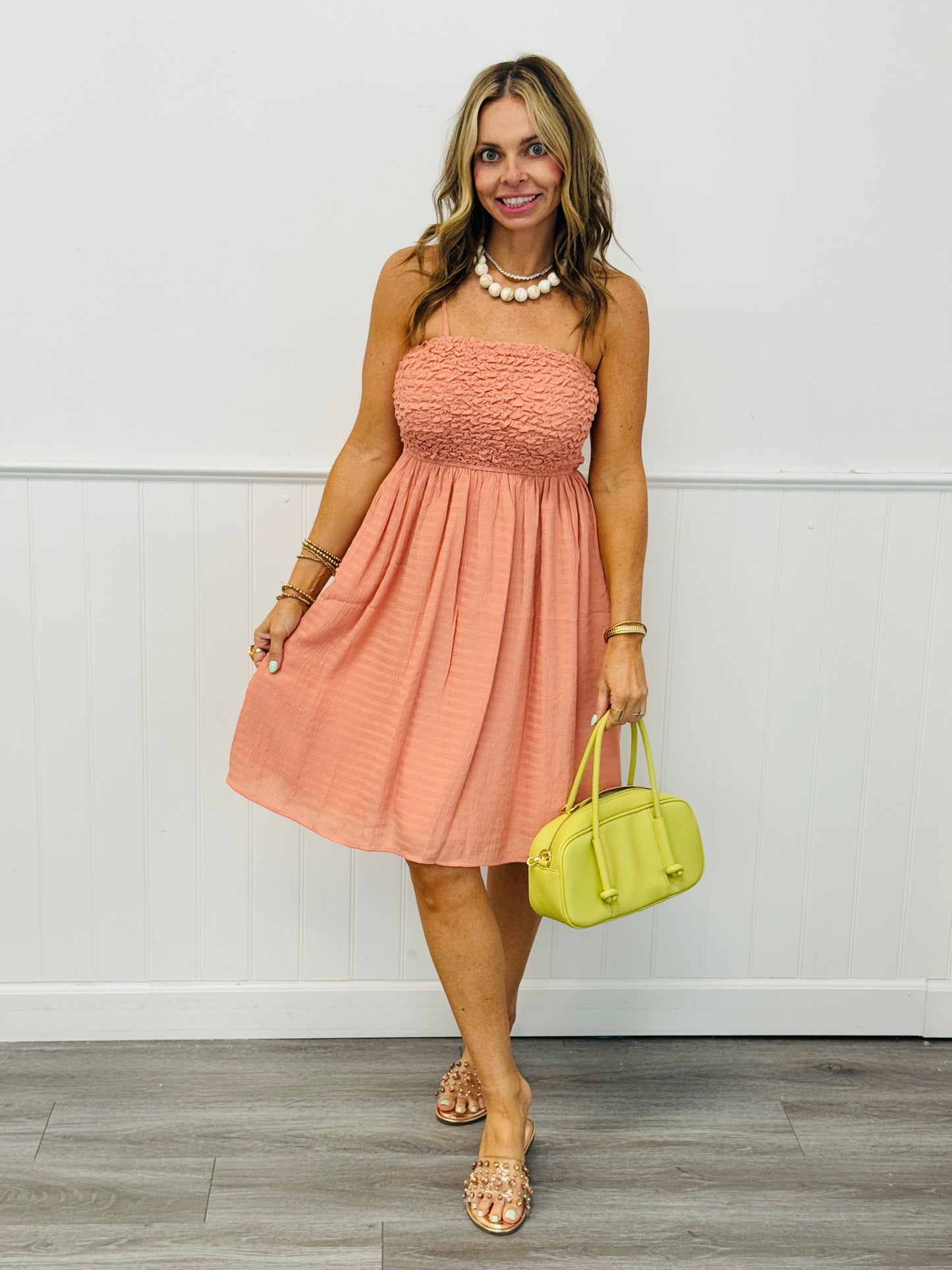 Dusty Salmon Popcorn Smocked Mini Dress (Reg.)