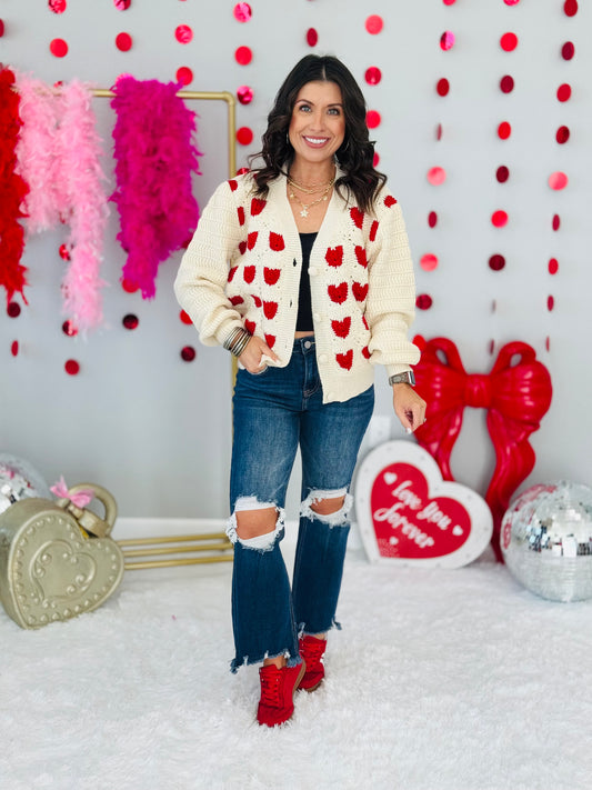 Crochet Heart Pattern Sweater Cardigan (Reg.)