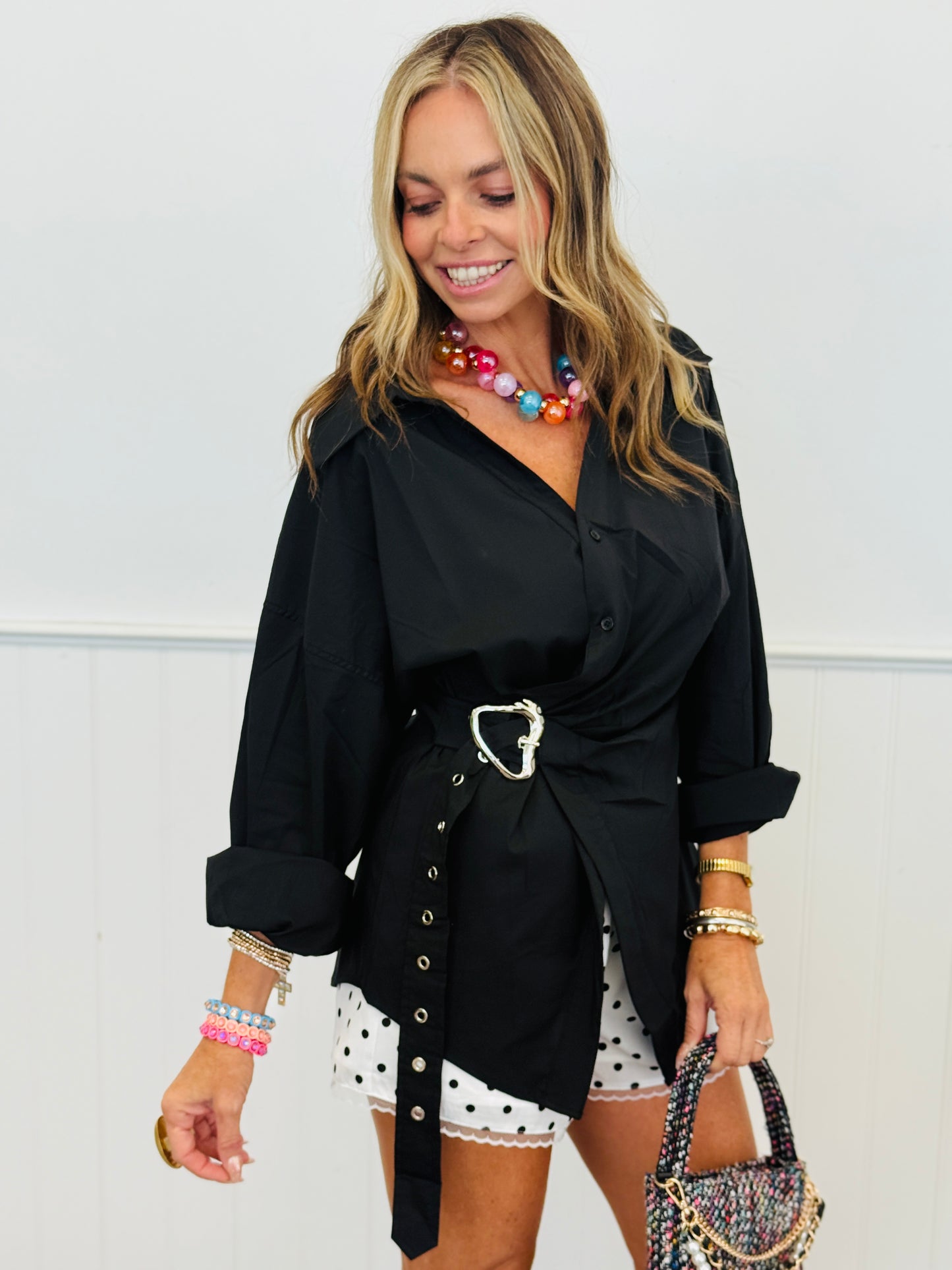 Black Button Side Wrap Detail Blouse (Reg.)