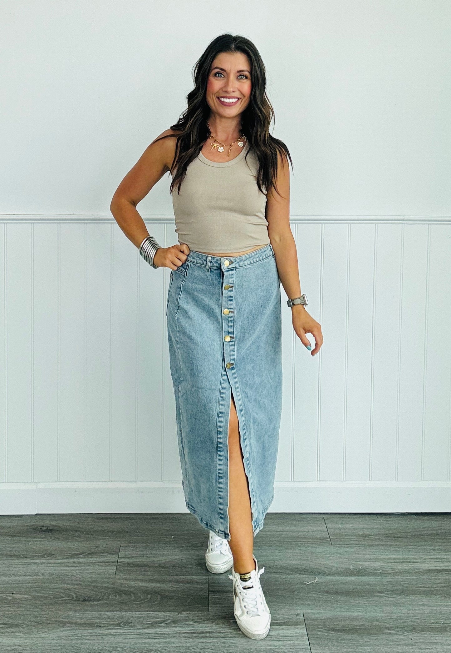 Washed Denim Retro Midi Skirt (Reg)