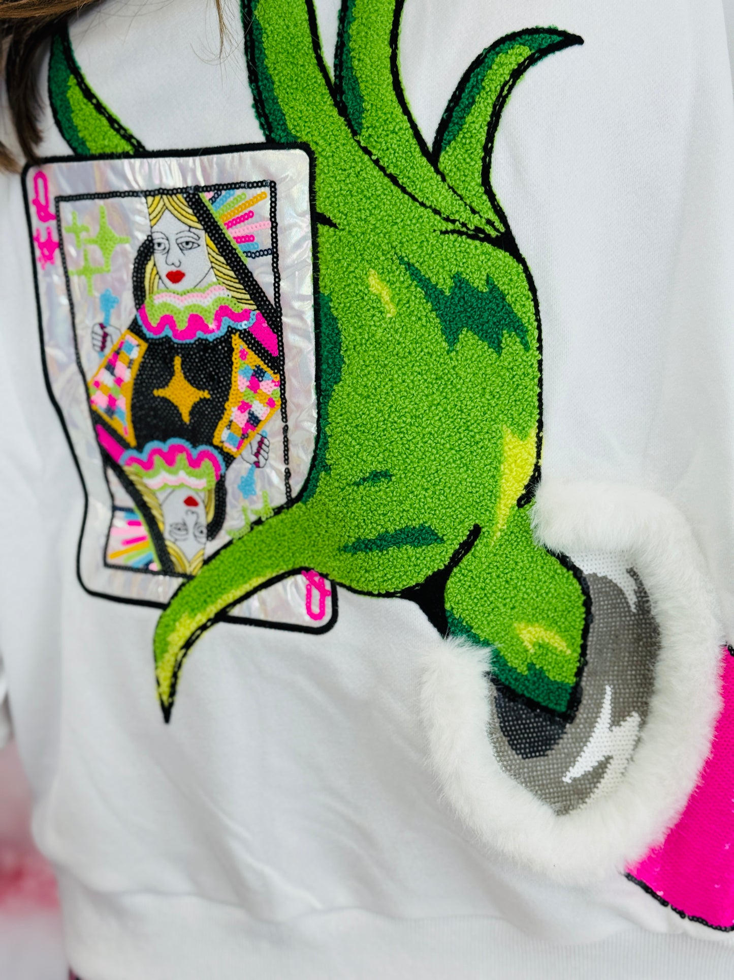 Queen Of Sparkles White & Green Hand Holding Logo Card Sweatshirt (Reg. & Plus)
