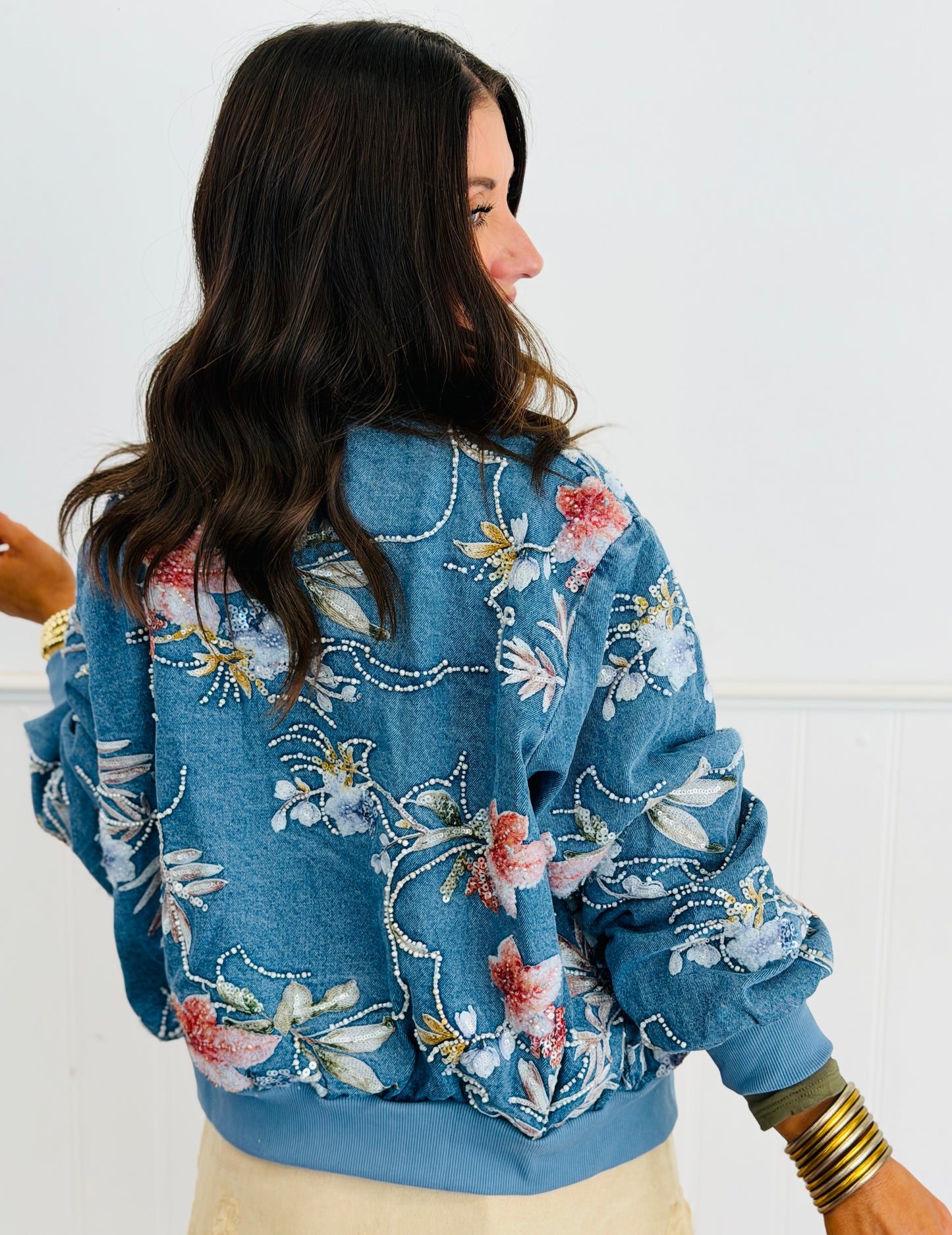 Light Denim Floral Beaded Sequin Zip Up Jacket (Reg.)