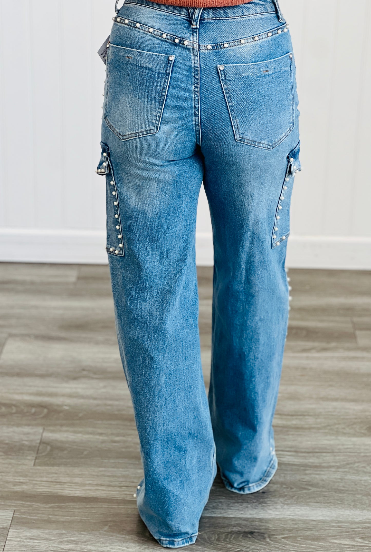 Medium Denim Pearl Studded Wide Leg Cargo Jeans (Reg.)