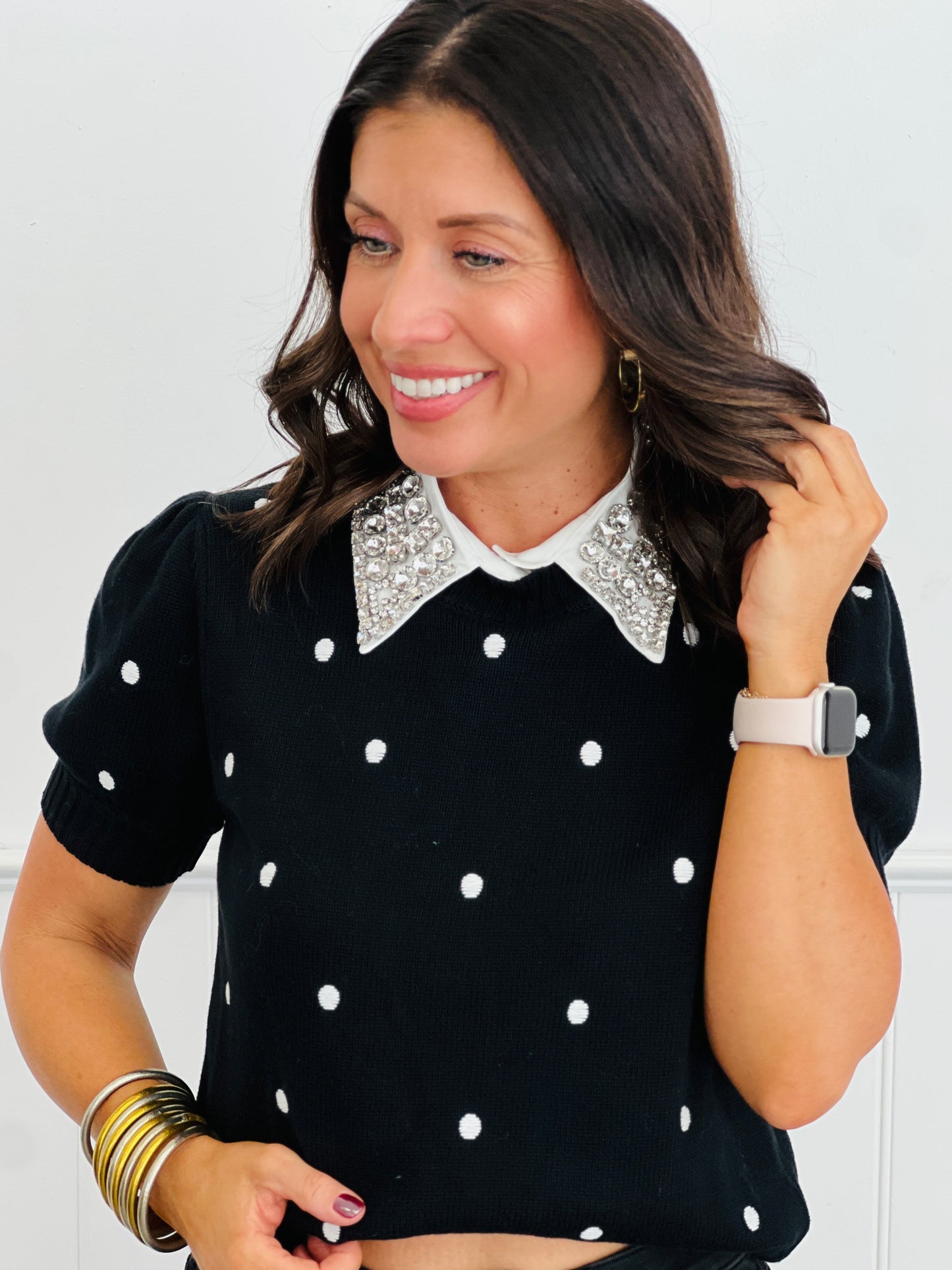 Black/Ivory Embroidered Polka Dot Sweater Top (Reg.)