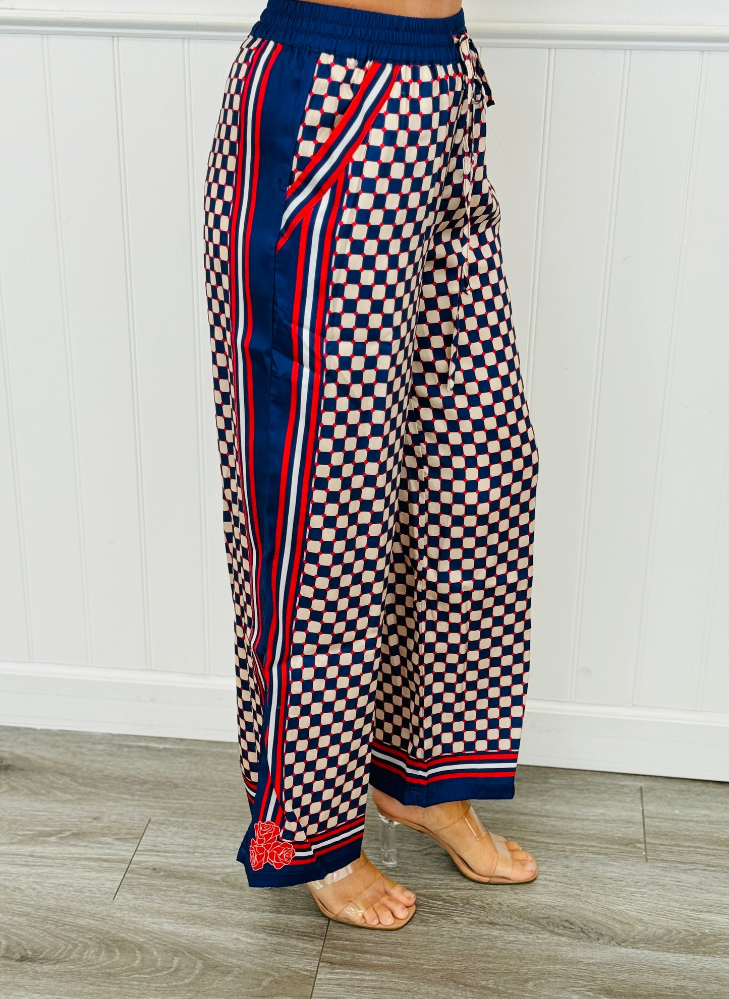 Navy Multi Square Pattern Satin Pants (Reg.)
