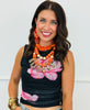 Black/Pink Floral Mesh Side Ruched Top (Reg.)