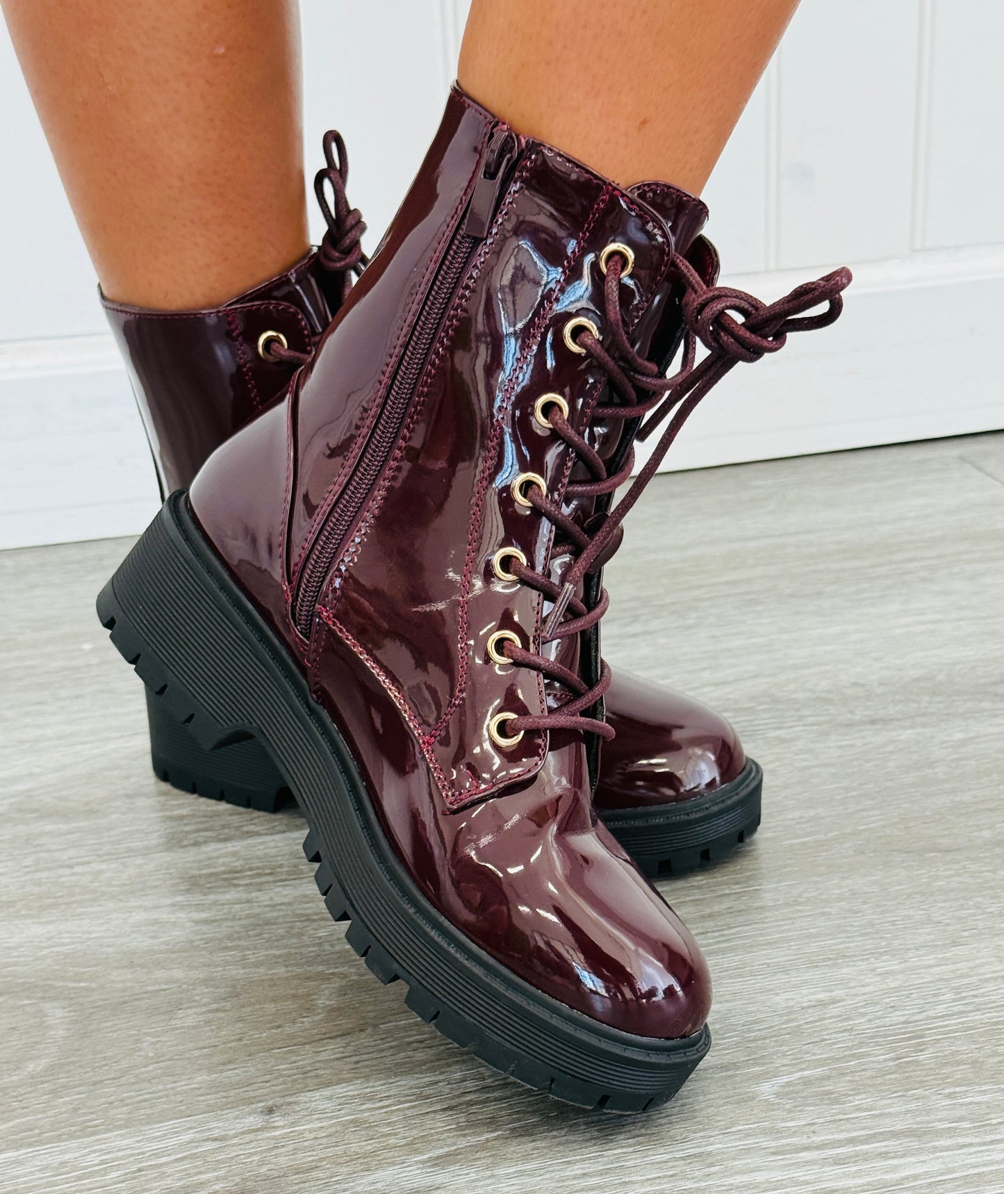Wine Stepping Out Combat Boots