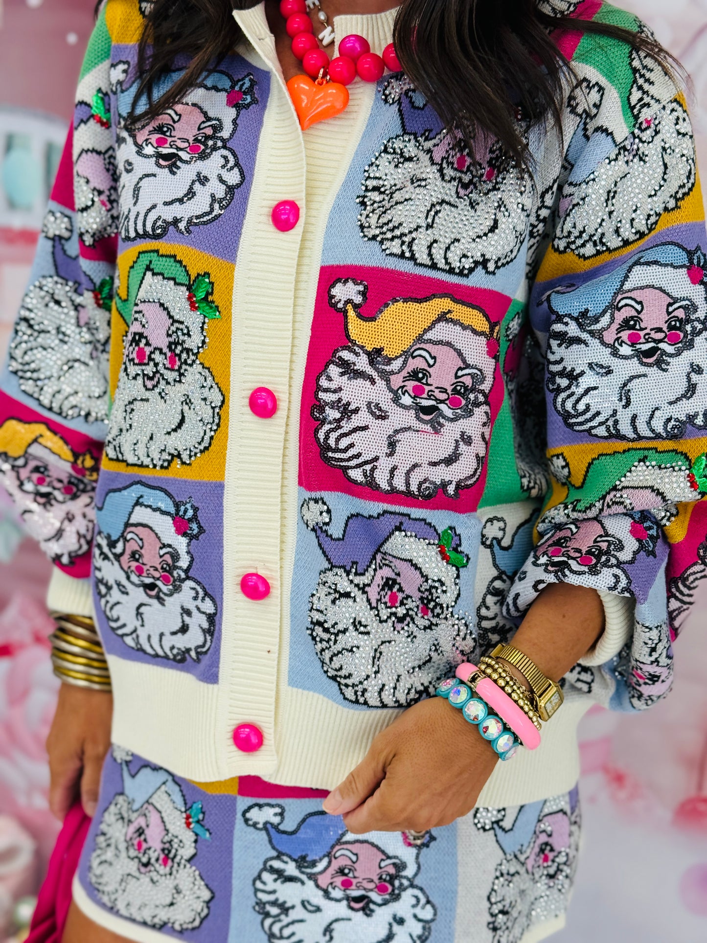 Queen Of Sparkles Pastel Colorblock Santa Button Up Cardigan (Reg. and Plus)