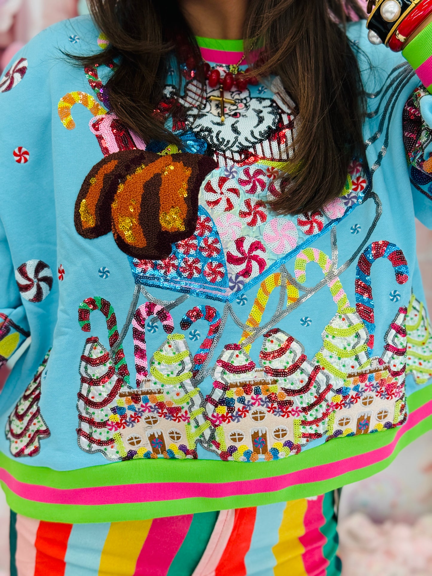Queen Of Sparkles Aqua Vintage Santa Gingerbread House Sweatshirt (Reg. & Plus)