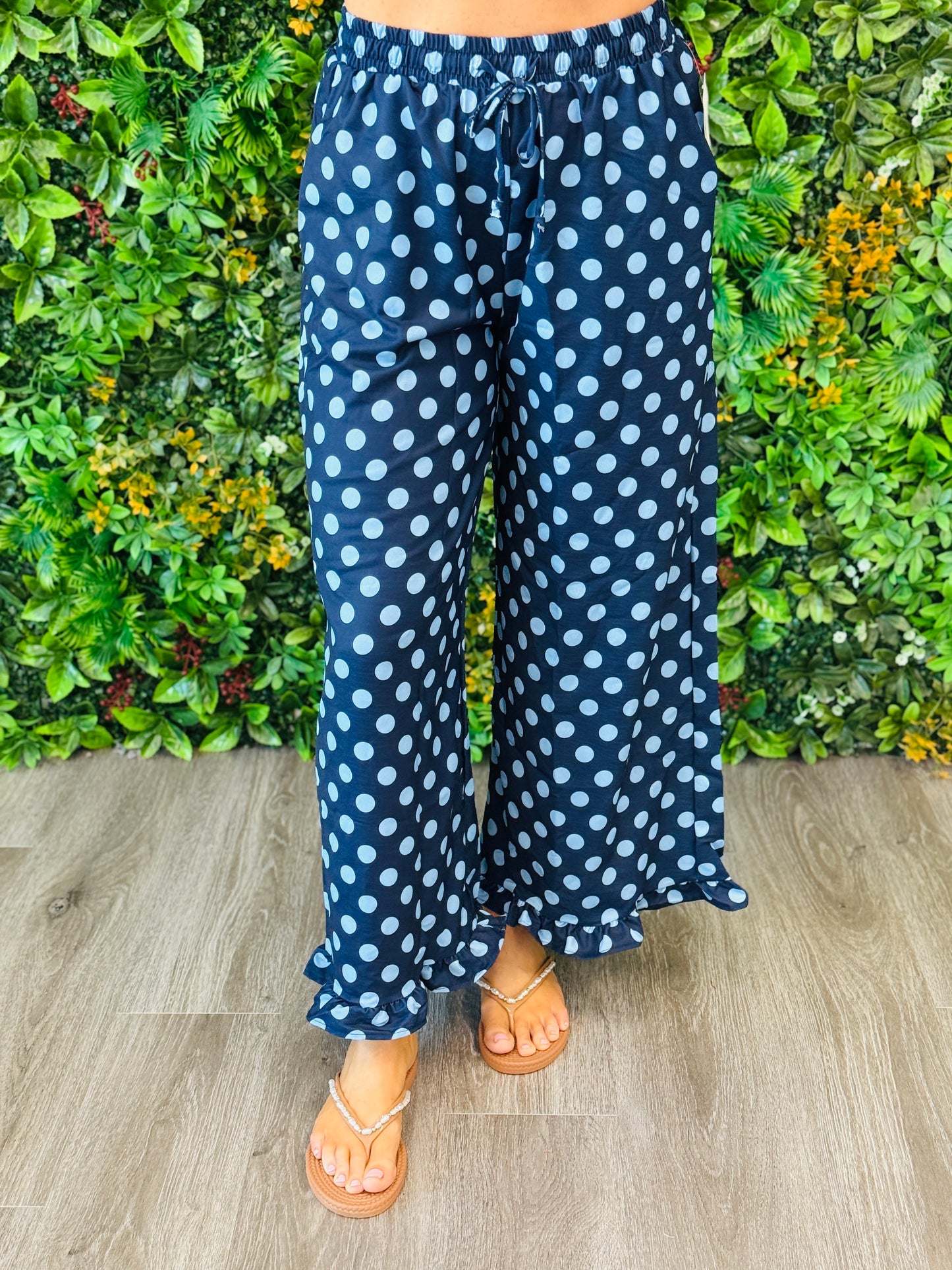 Navy/Blue Polka Dot Ruffle Hem Pants (Reg. and Plus)