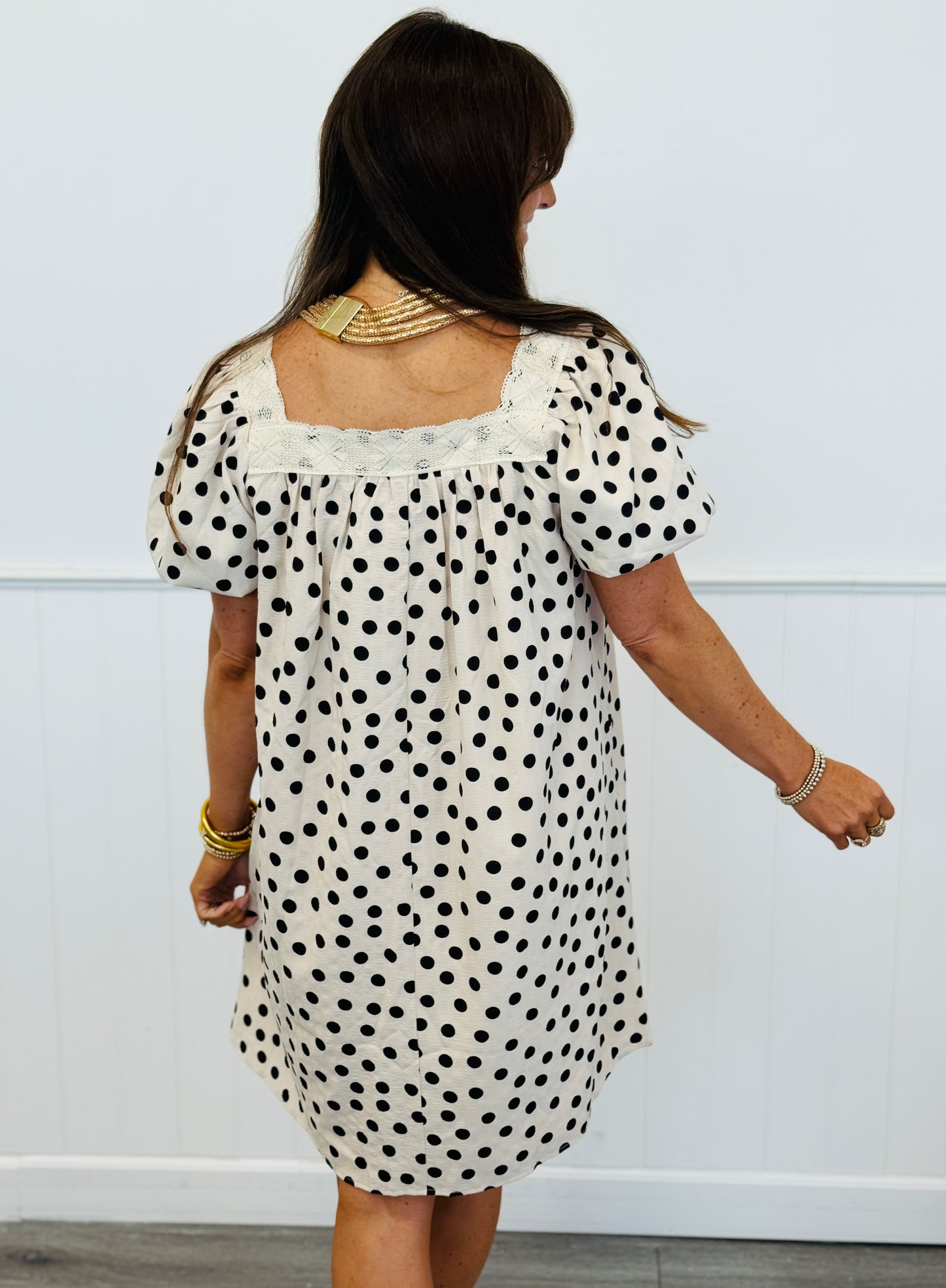 Polka Dot Ribbon Puff Sleeves Mini Dress (Reg.)