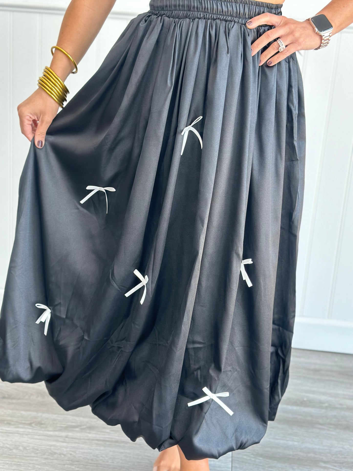 Black Satin Bow Maxi Skirt (Reg.)