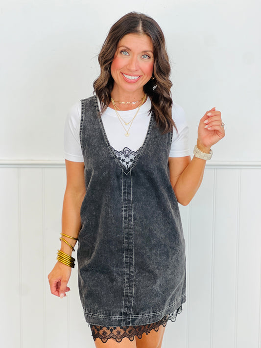Black Washed Denim Lace Trim Mini Dress  (Reg.)
