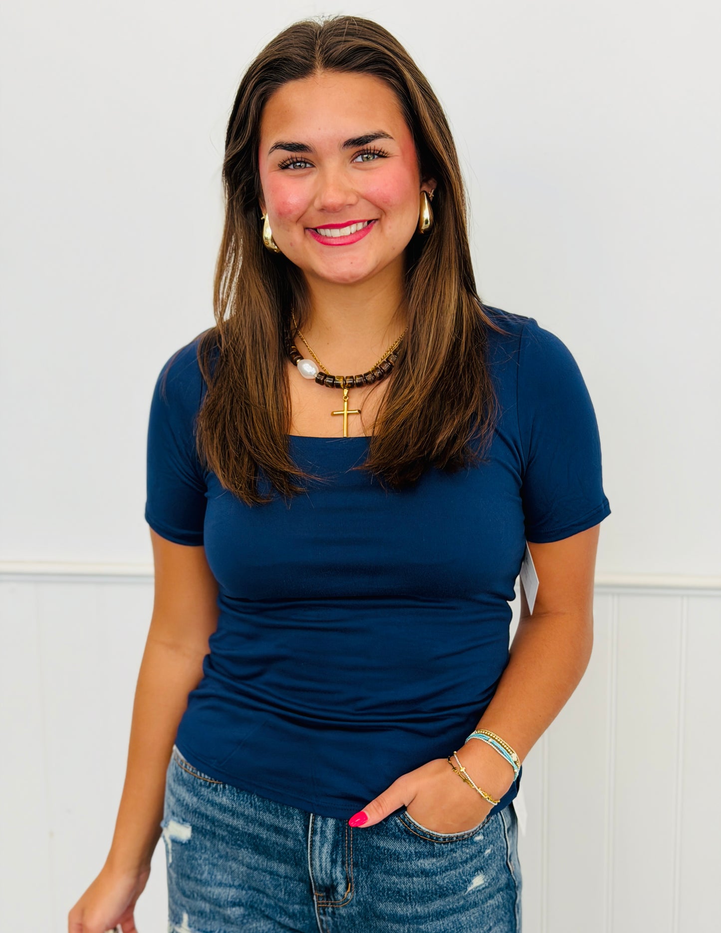 Square Neck Short Sleeve Top (Reg. and Plus) - 6 Colors