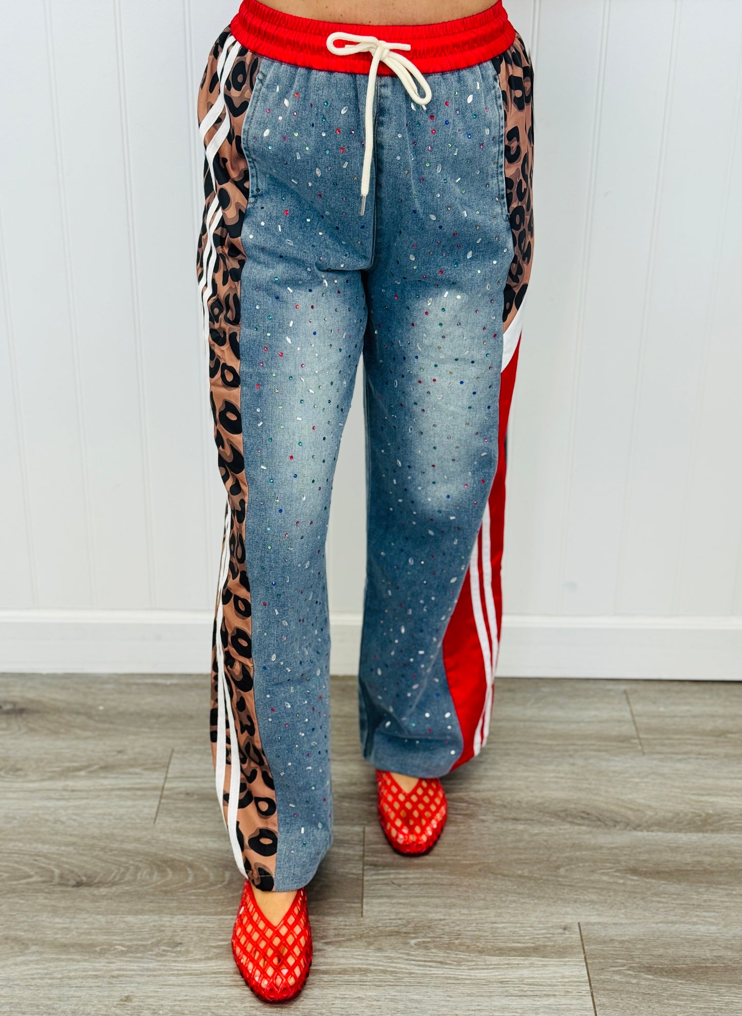 Red/ Denim Rhinestone Jogger Pants (Reg & Plus)
