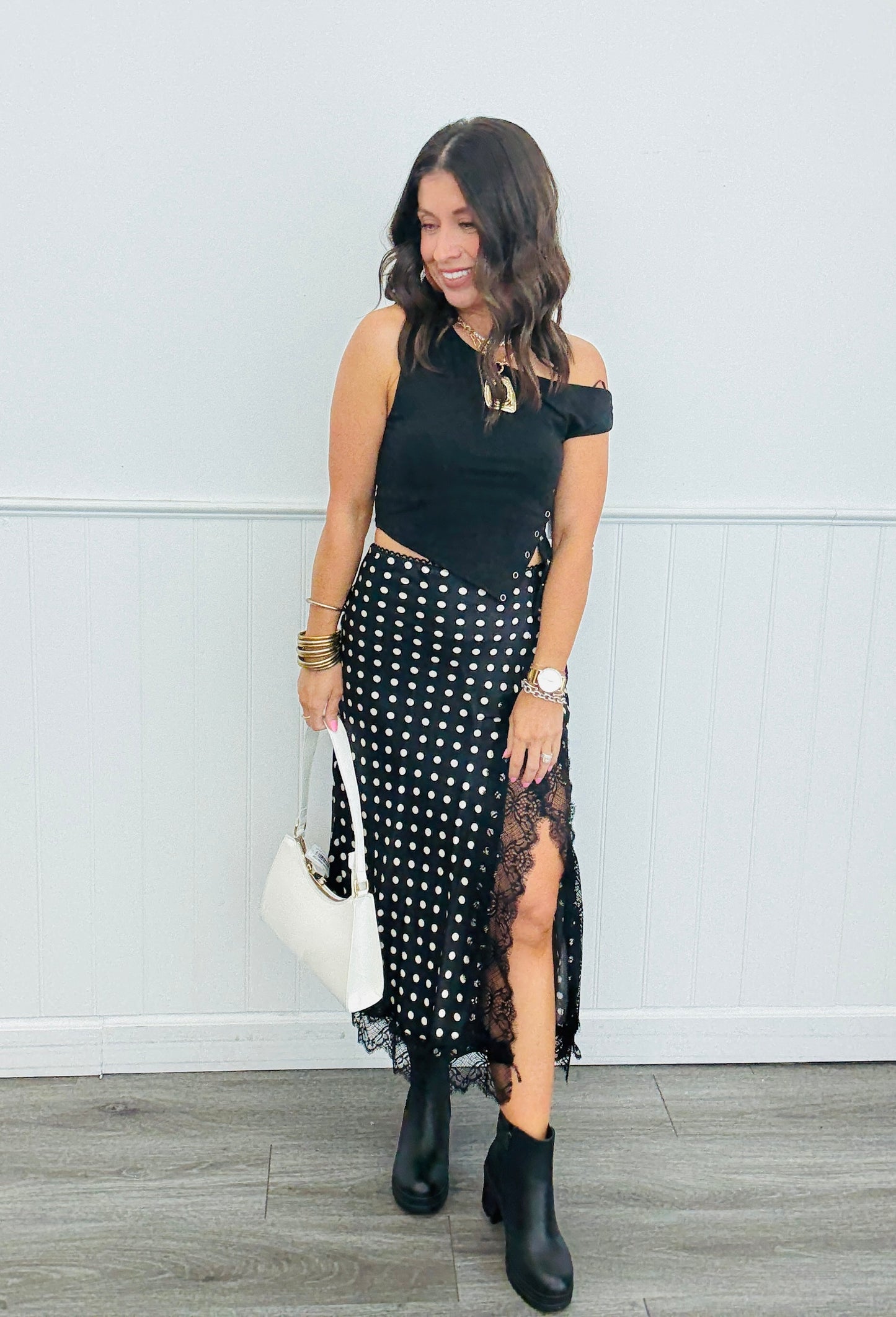 Polka Dot Satin Lace Trim Midi Skirt (Reg.)- 2 Colors