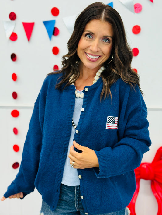 Navy Embroidered USA Flag Sweater Cardigan (Reg.)