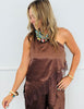 Brown Satin One Shoulder Top & Pants Set (Reg.)