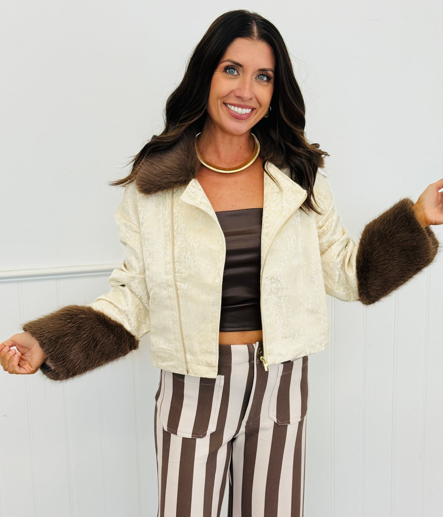 Gold Contrast Faux Fur Collar Zip Up Jacket (Reg. and Plus)