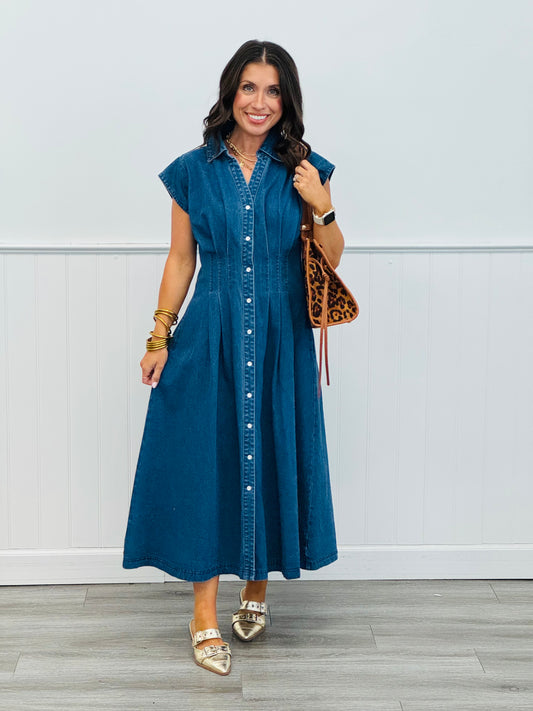 Deluxe Denim Pintuck Midi Dress (Reg)